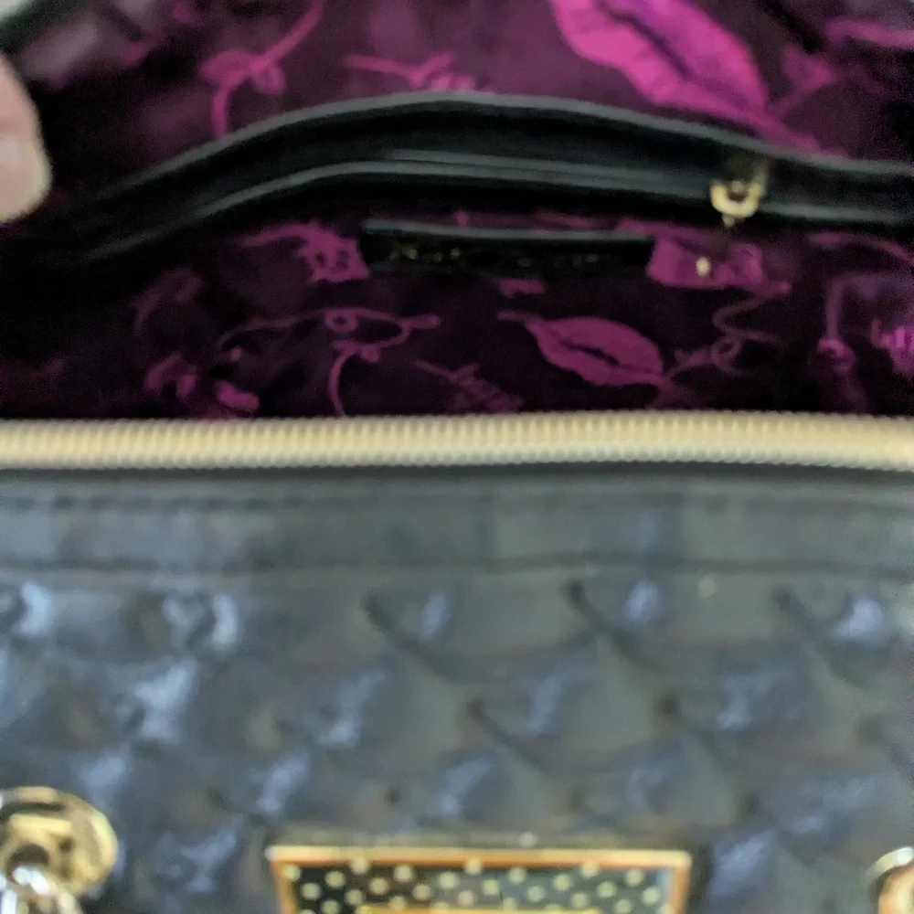 Betsey Johnson Black Quilted Barrel Satchel with Gold Chain Handles